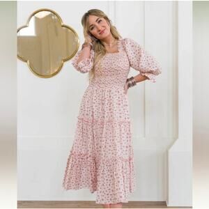 IVY CITY CO. Madeline Tiered Smocked Long Sleeve Floral Dress Pink XS